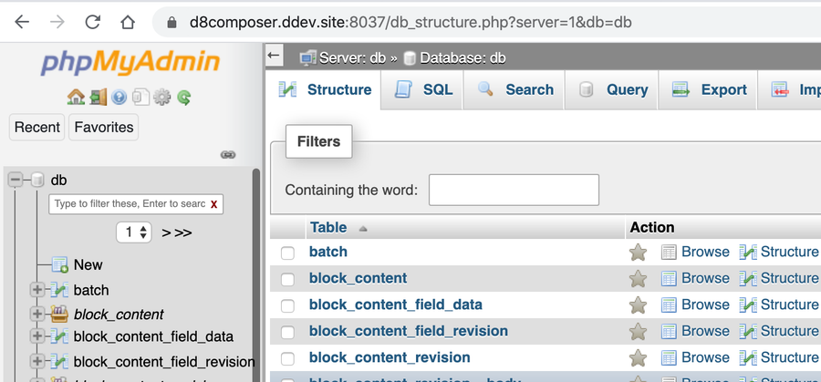 Tightly-cropped screenshot of phpMyAdmin running on a `.ddev.site` domain in a browser window